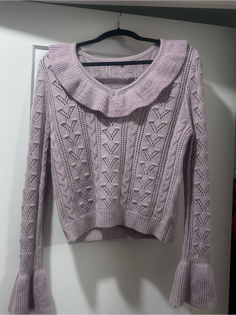 Lavender Ruffle-Collar Pointelle V-Neck Sweater